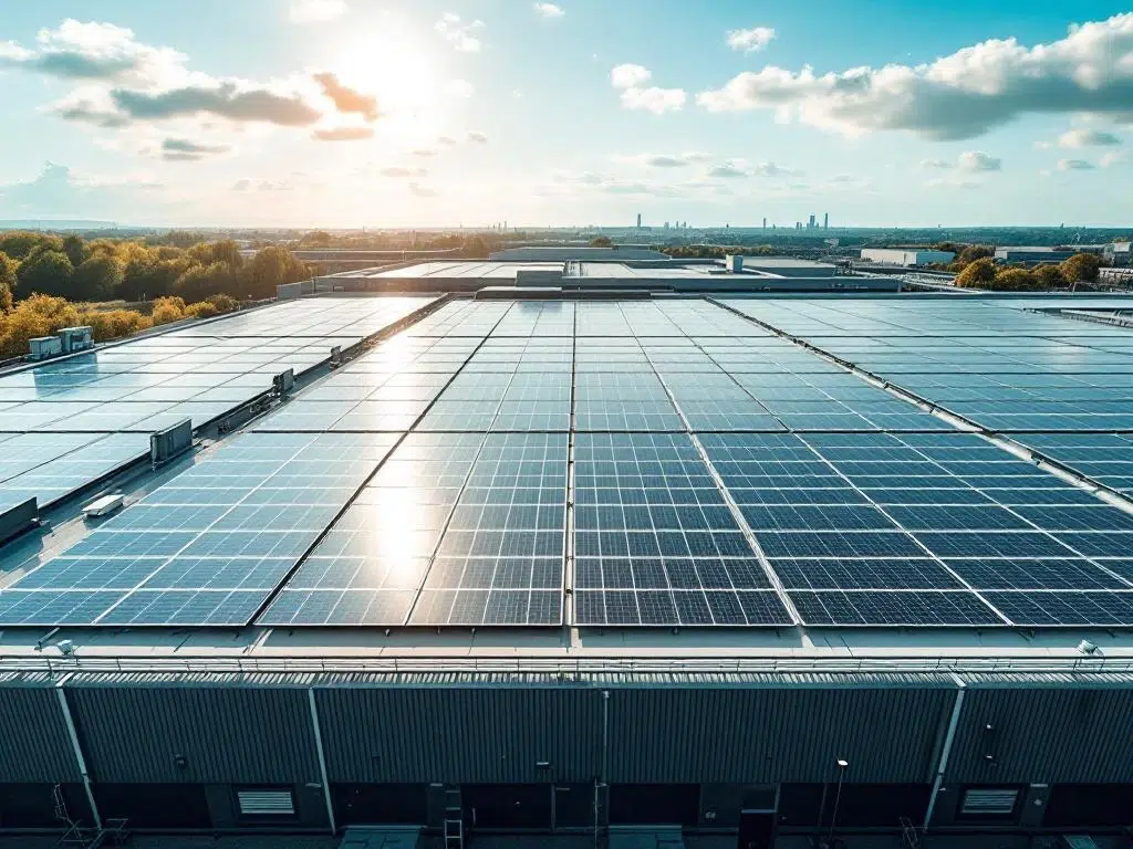 Aerial view of solar panels arranged in geometric rows on commercial industrial rooftop under blue sky with clouds