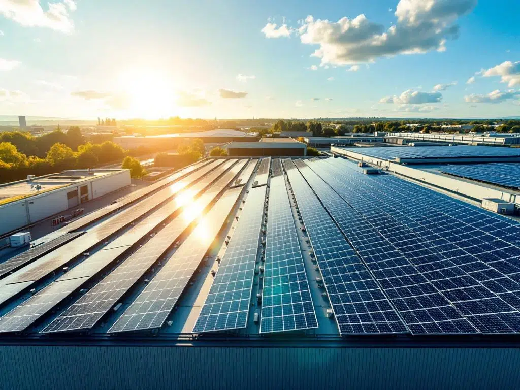 Solar panels arranged in geometric rows on commercial industrial rooftop under bright blue sky with white clouds.