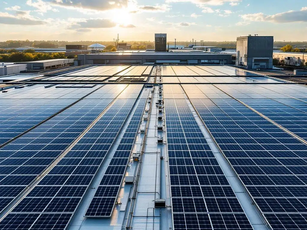 Aerial view of solar panels arranged in geometric rows on commercial industrial rooftop under bright blue sky