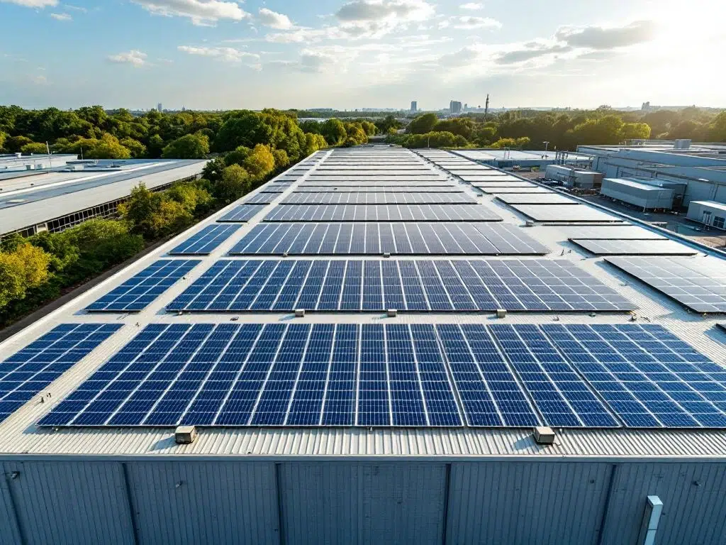 Solar panels arranged in geometric rows on commercial industrial rooftop, aerial view showing sustainable energy installation