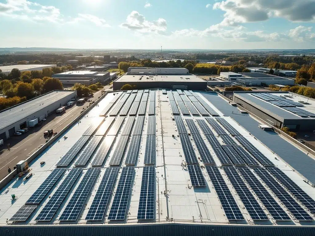 Aerial view of solar panels arranged in geometric rows on commercial warehouse rooftop under blue sky with clouds