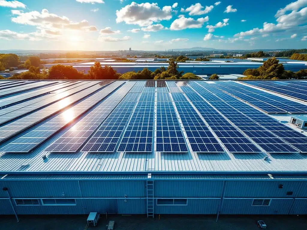 Aerial view of solar panels arranged in geometric rows on commercial industrial rooftop under blue sky with sunlight