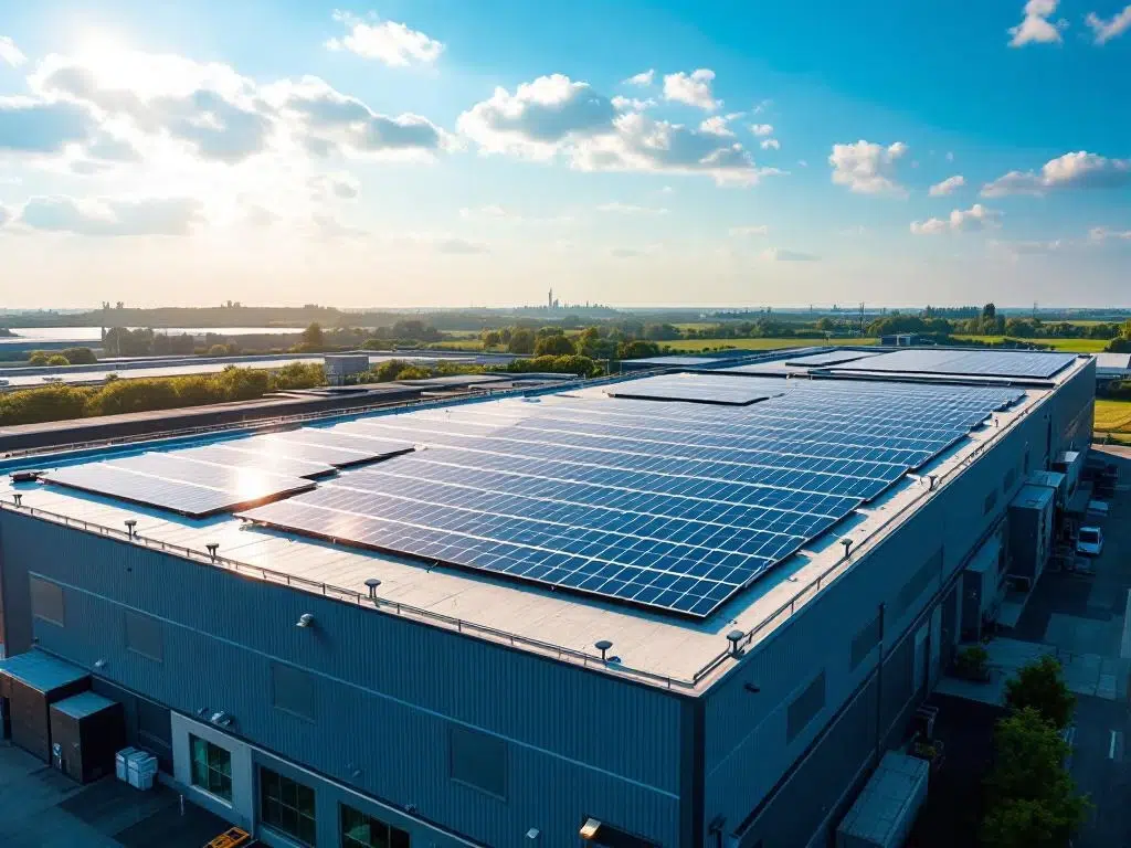 Aerial view of solar panels arranged in geometric rows on commercial industrial rooftop under bright daylight sky