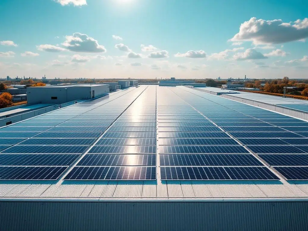 Aerial view of solar panels arranged in geometric rows on commercial industrial rooftop under blue sky with clouds