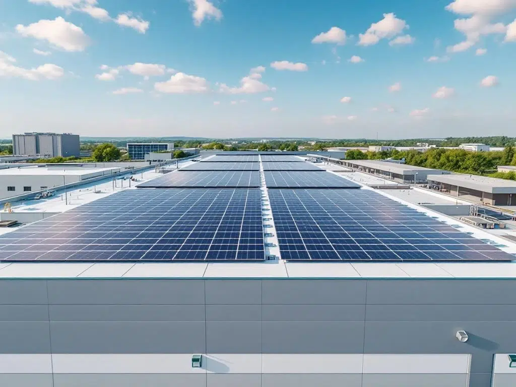 Aerial view of commercial building rooftop with solar panels arranged in geometric rows under bright blue sky