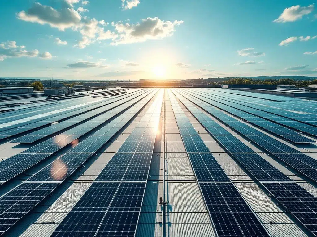 Aerial view of solar panels arranged in geometric rows on commercial rooftop under blue sky with clouds