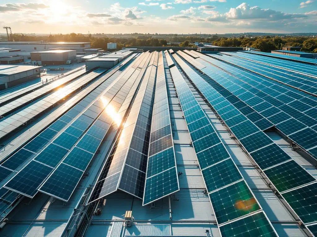Aerial view of solar panels arranged in geometric rows on commercial rooftop under clear blue sky