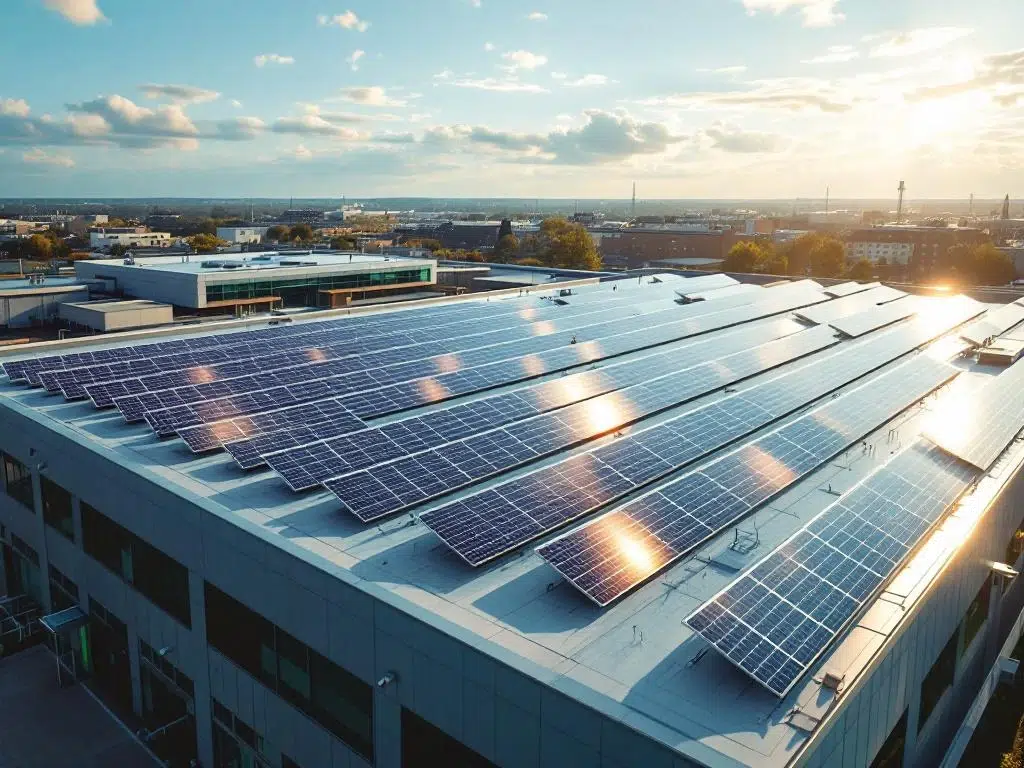Aerial view of modern commercial building rooftop with solar panels arranged in geometric rows under blue sky