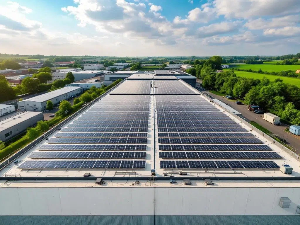 Aerial view of commercial solar panels arranged in geometric rows on industrial rooftop under blue sky with clouds