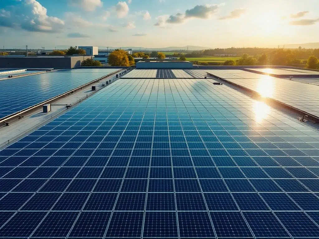 Aerial view of commercial solar panel installation on industrial rooftop showing maintenance needs and weathering effects