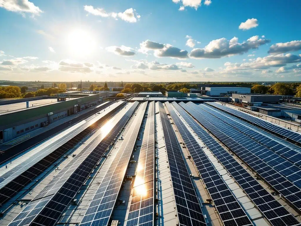 Aerial view of solar panels on commercial rooftop with shadow patterns, some panels in sunlight, others shaded