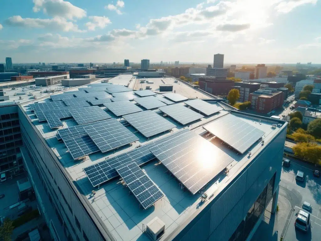 Solar panels arranged in geometric rows on commercial building rooftop under blue sky in European business district