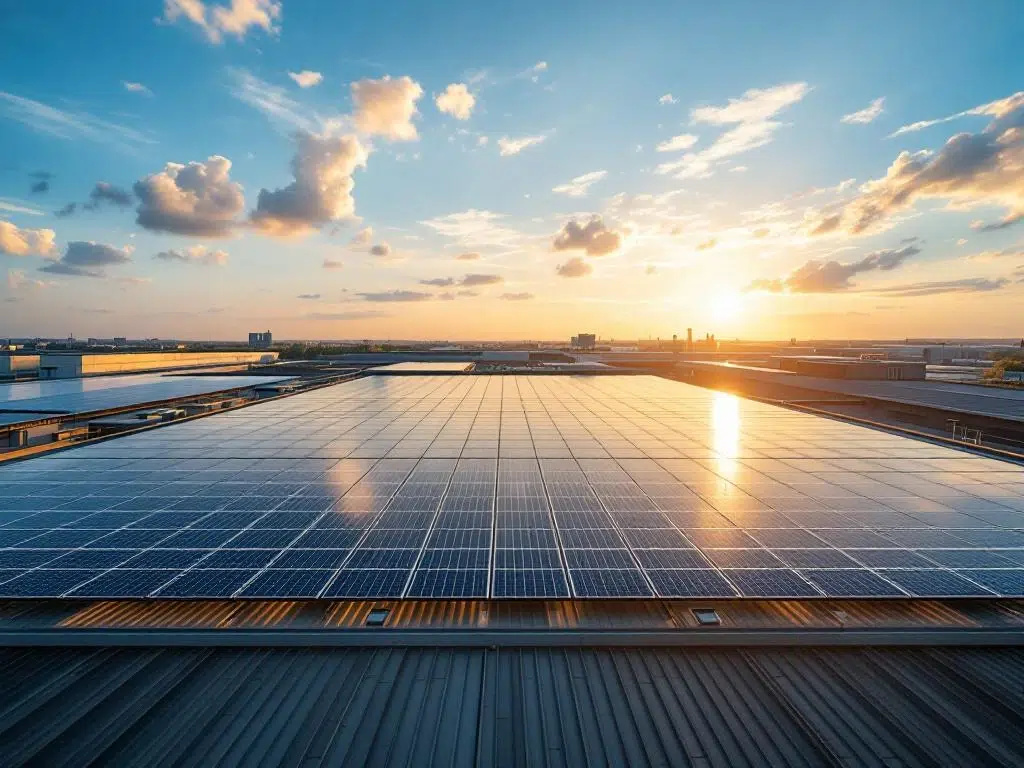 Solar panels arranged in geometric rows on commercial building rooftop during golden hour with blue sky background