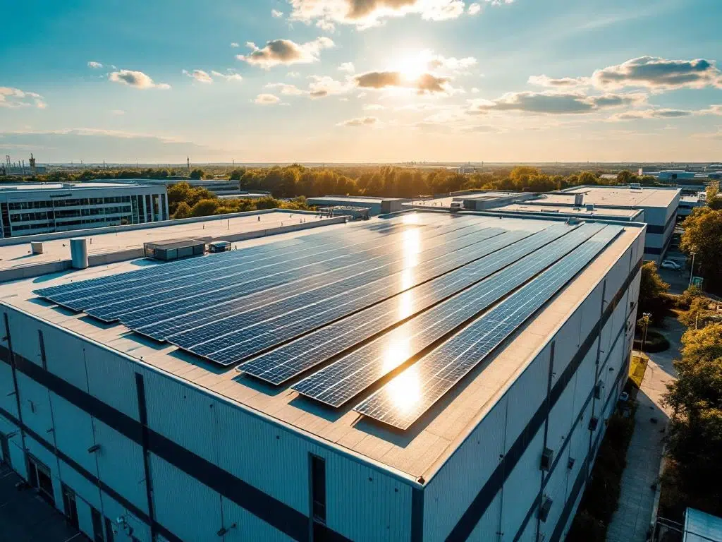Aerial view of solar panels arranged in geometric rows on commercial building rooftop under bright daylight with blue sky