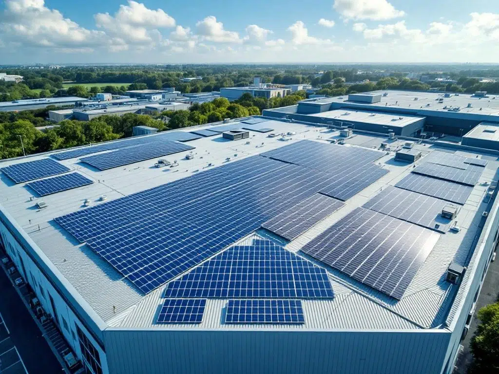 Aerial view of commercial rooftop with three types of solar panels: monocrystalline, polycrystalline and thin-film installations