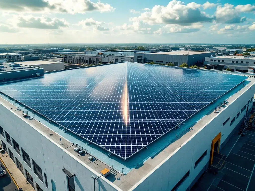 Aerial view of solar panels arranged in geometric rows on commercial building rooftop under blue sky with clouds.