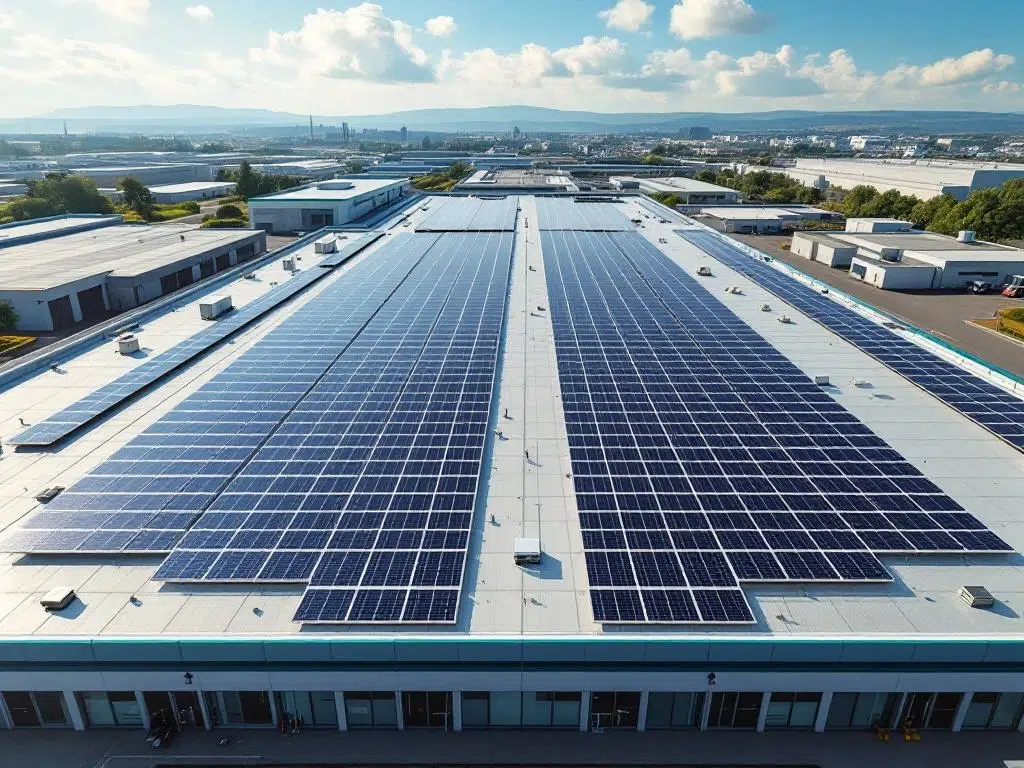 Aerial view of commercial building rooftop with solar panels arranged in geometric rows under blue sky with clouds.