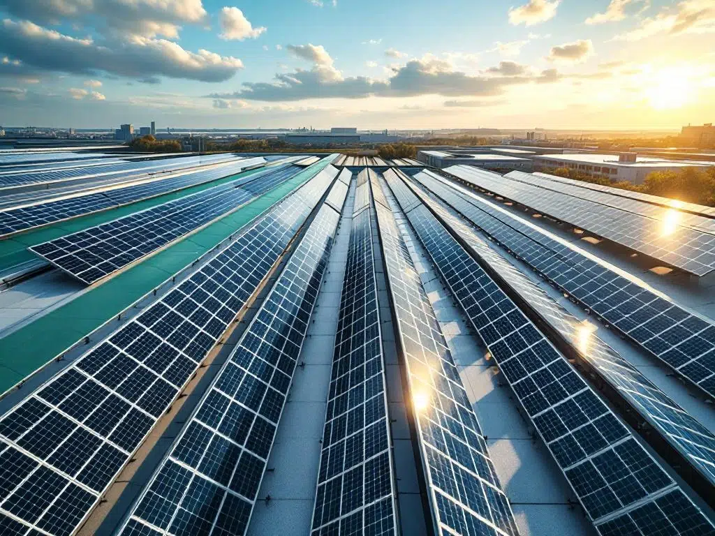 Solar panels arranged in geometric rows on modern commercial building rooftop under bright European daylight with blue sky