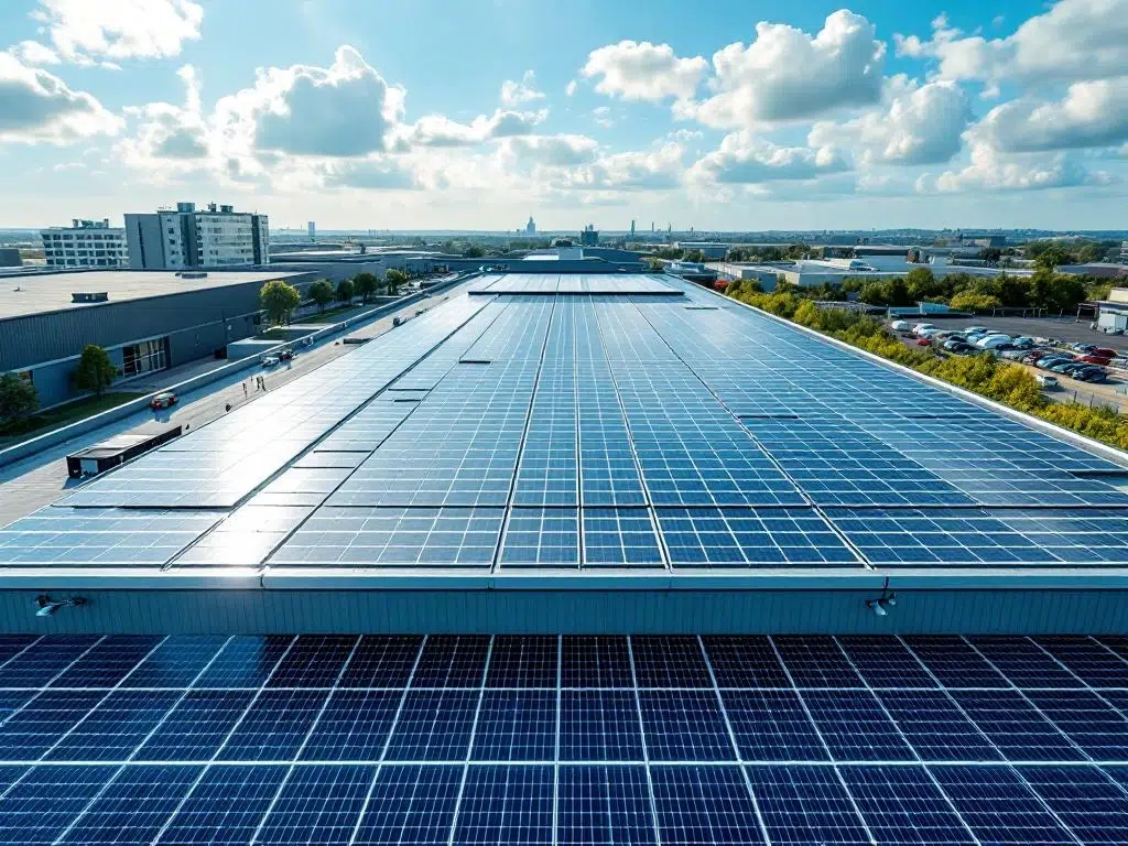 Aerial view of modern commercial building rooftop with symmetrical solar panel installation under bright daylight sky