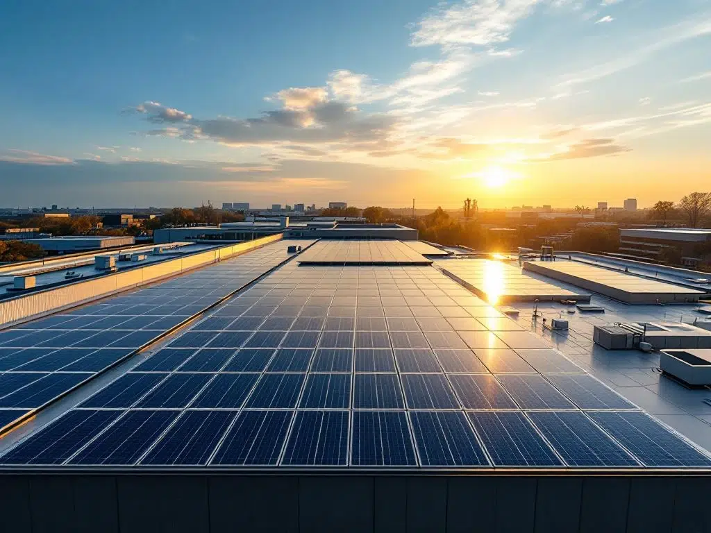 Aerial view of solar panels in geometric rows on commercial building rooftop during golden hour with blue sky and clouds.