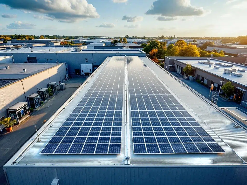 Solar panels arranged in geometric rows on commercial building rooftop, aerial view of renewable energy installation