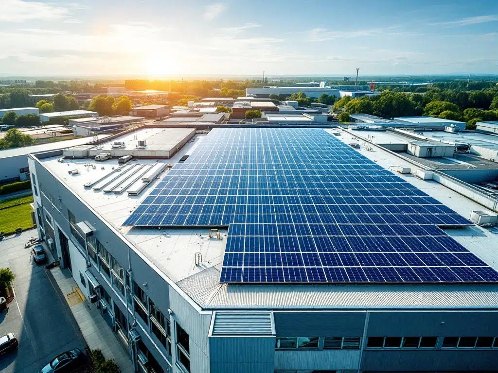 Aerial view of solar panels arranged in geometric rows on commercial building rooftop with blue sky background