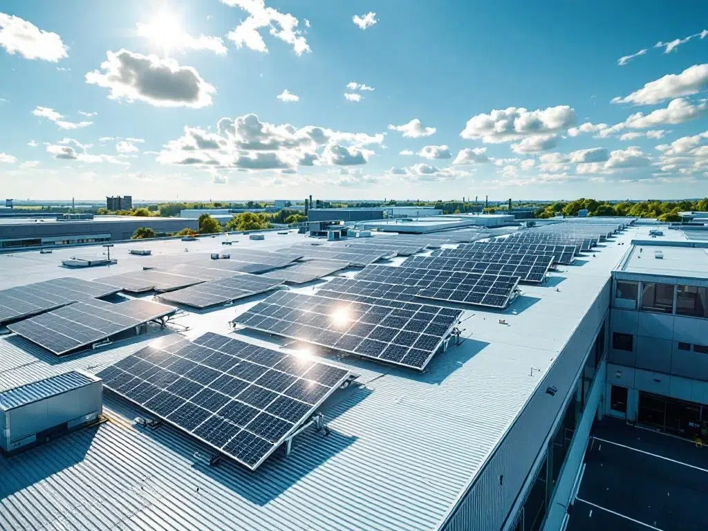 Solar panels arranged in geometric rows on commercial building rooftop, aerial drone view showing sustainable energy installation
