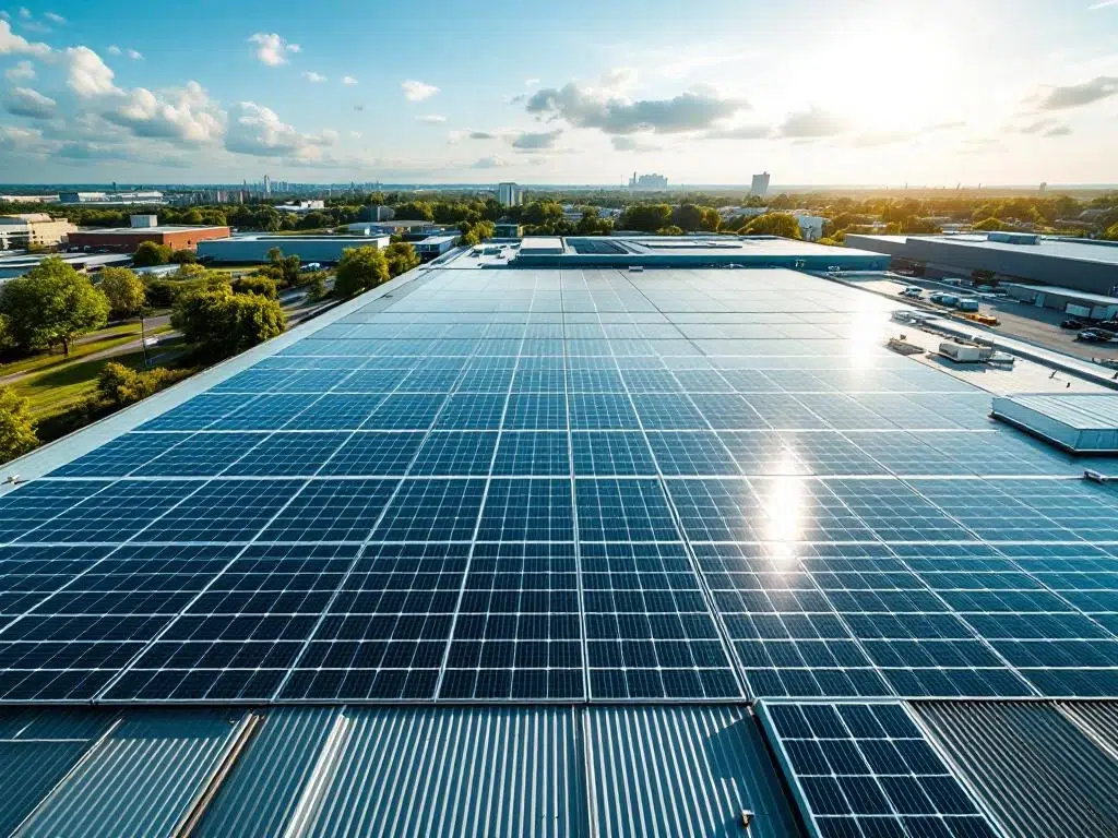 Aerial view of solar panels arranged in geometric rows on commercial building rooftop against blue sky