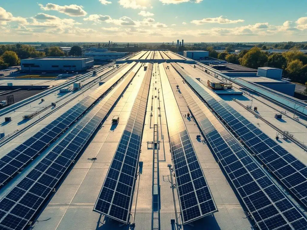 Aerial view of solar panels arranged in geometric rows on commercial building rooftop under blue sky with maintenance equipment