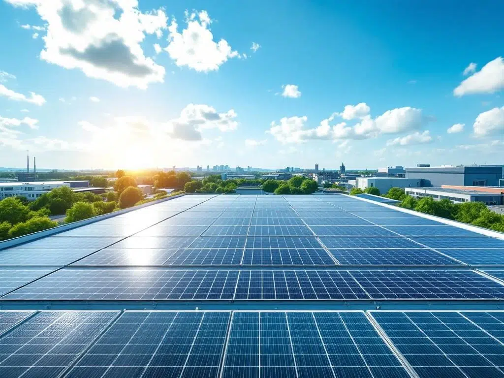 Solar panels installed on commercial building rooftop viewed from above, geometric rows of photovoltaic arrays under blue sky