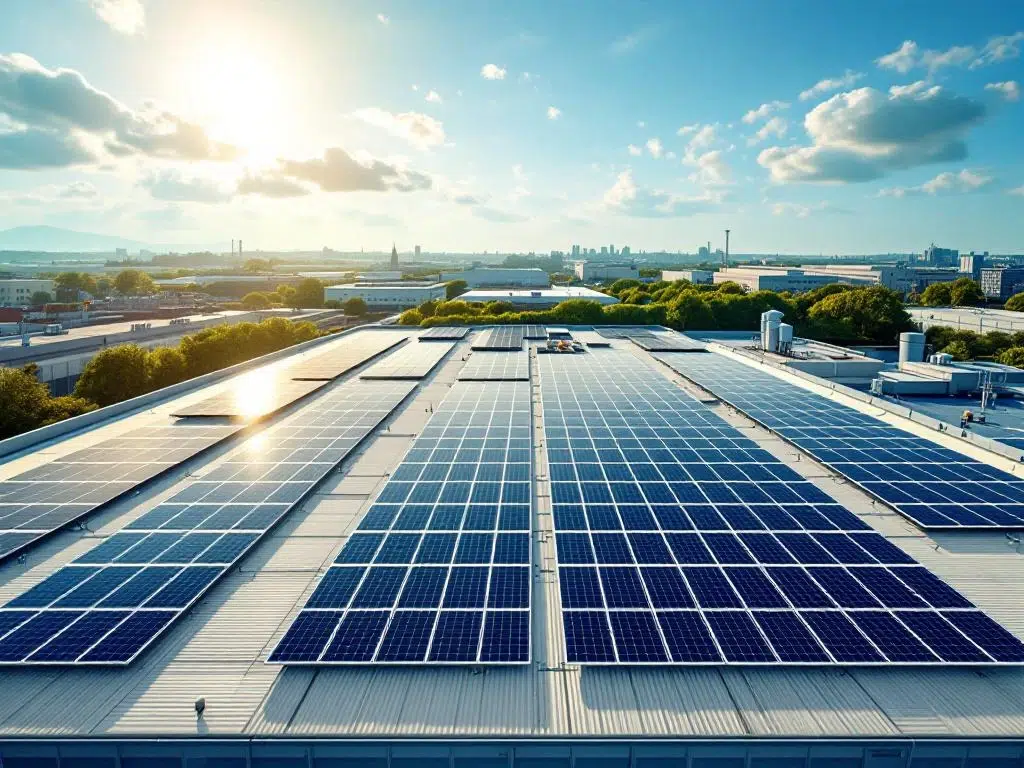Solar panels arranged in geometric rows on commercial building rooftop, aerial view showing renewable energy installation