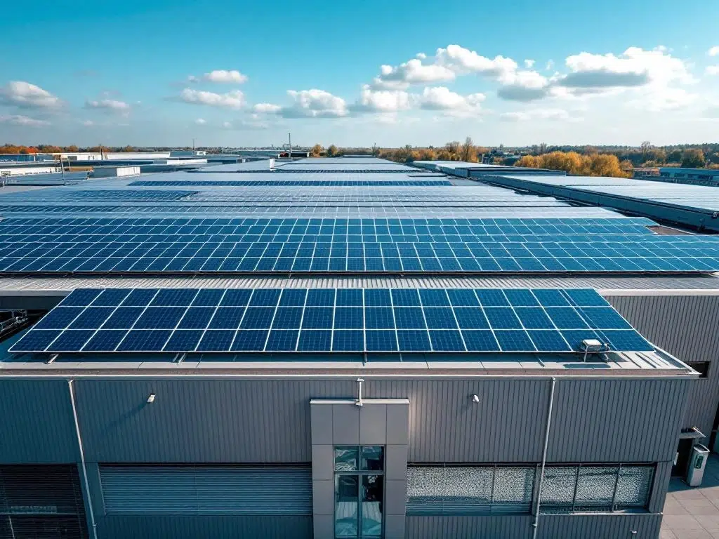 Aerial view of blue solar panels arranged in geometric rows on modern commercial building rooftop under bright daylight