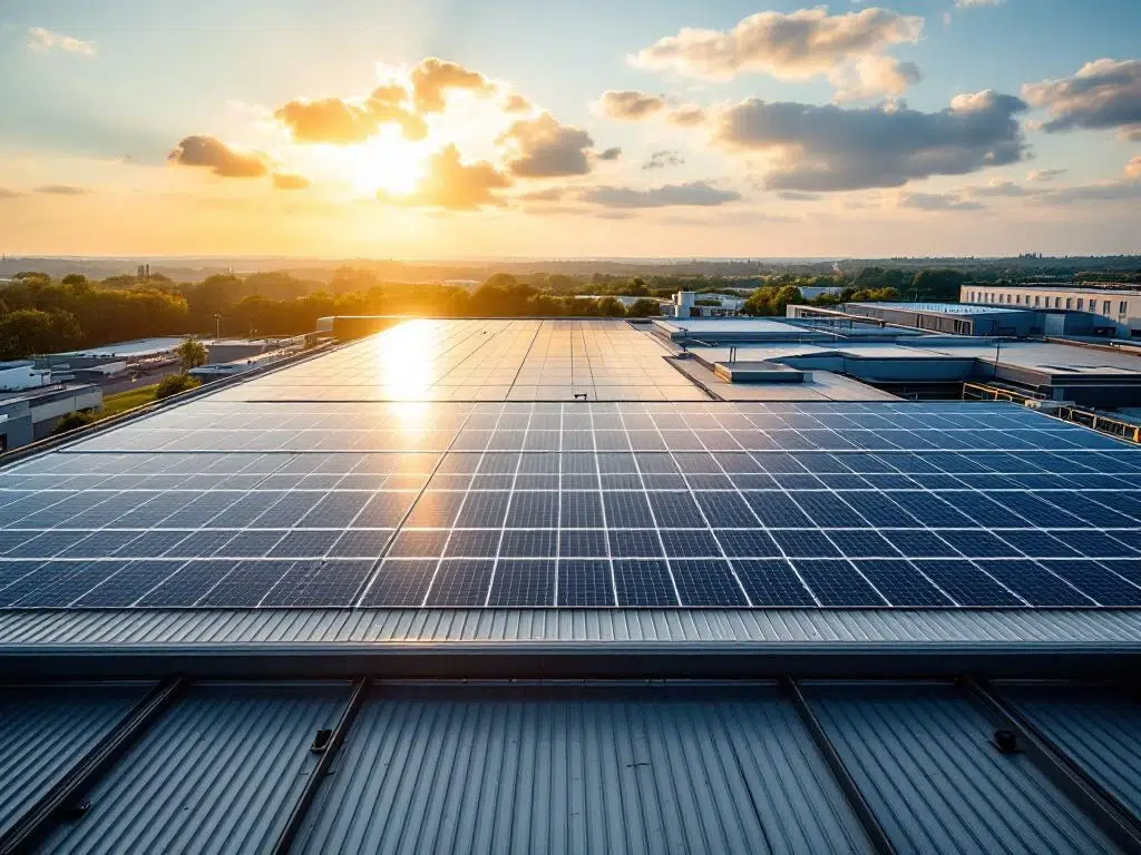 Aerial view of solar panels arranged in geometric rows on modern commercial building rooftop during golden hour lighting.