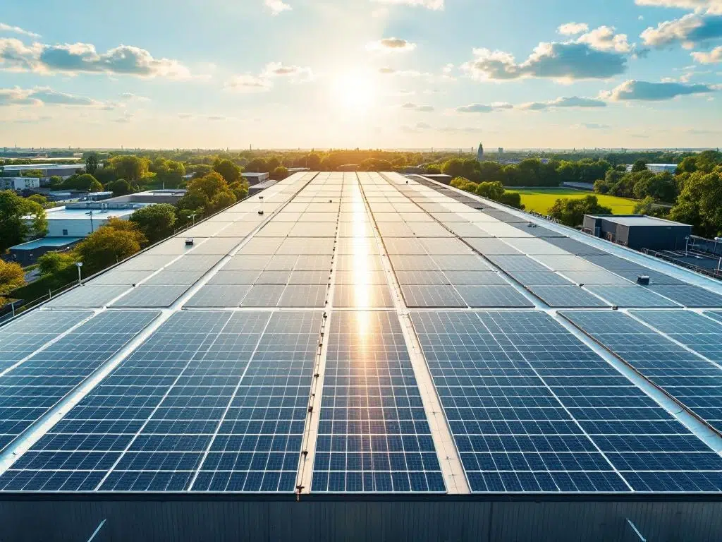 Solar panels arranged in geometric rows on commercial building rooftop, aerial view showing renewable energy installation