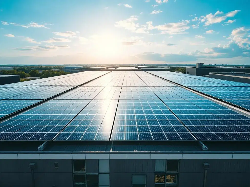 Aerial view of solar panels arranged in geometric rows on commercial building rooftop under blue sky with clouds