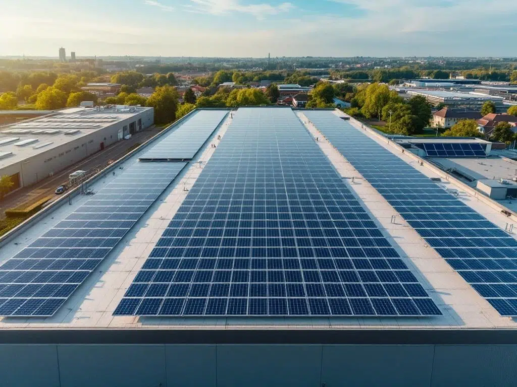 Aerial view of solar panels arranged in geometric rows on commercial building rooftop under blue sky with clouds