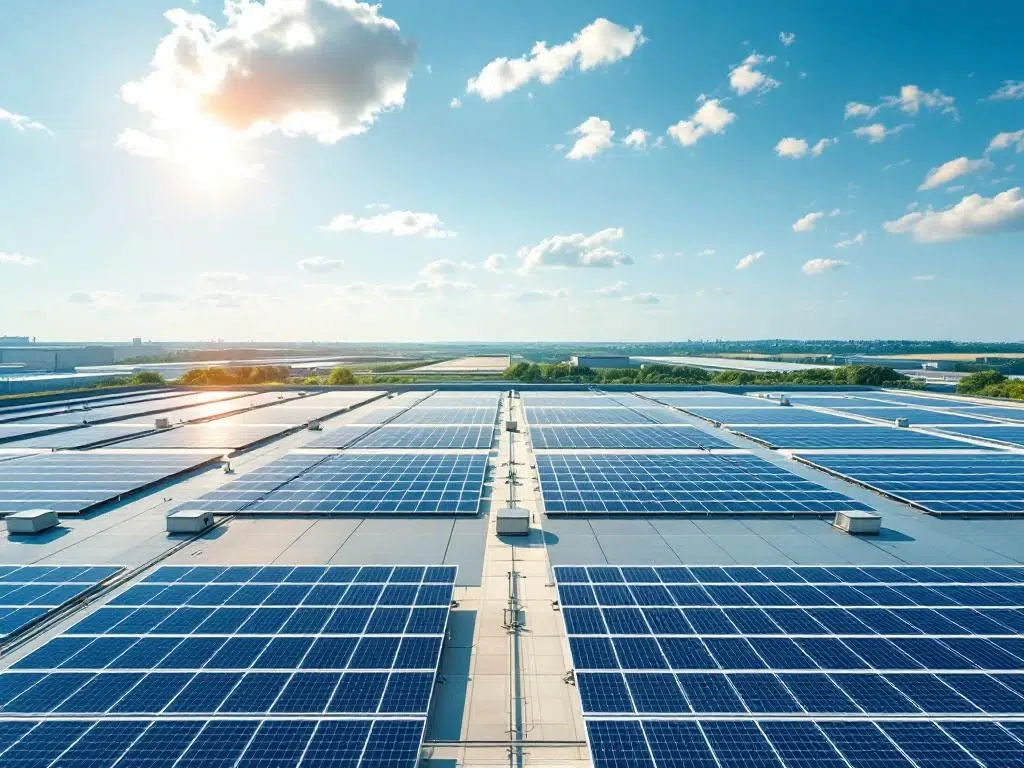 Solar panels arranged in geometric rows on commercial building rooftop, aerial view showing sustainable energy installation.