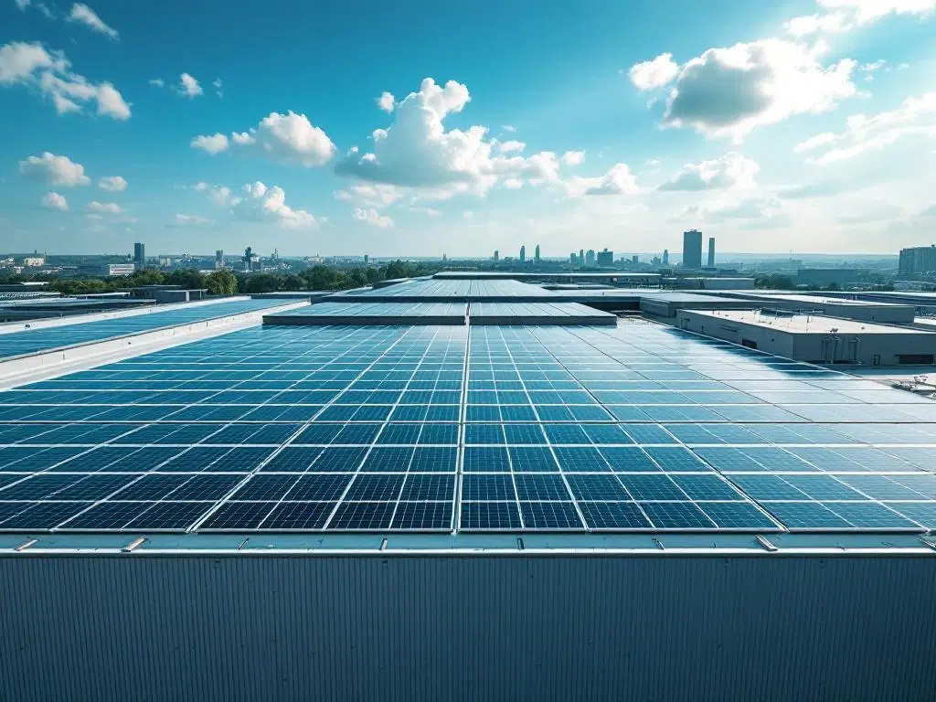 Aerial view of solar panels arranged in geometric rows on commercial building rooftop under blue sky with clouds