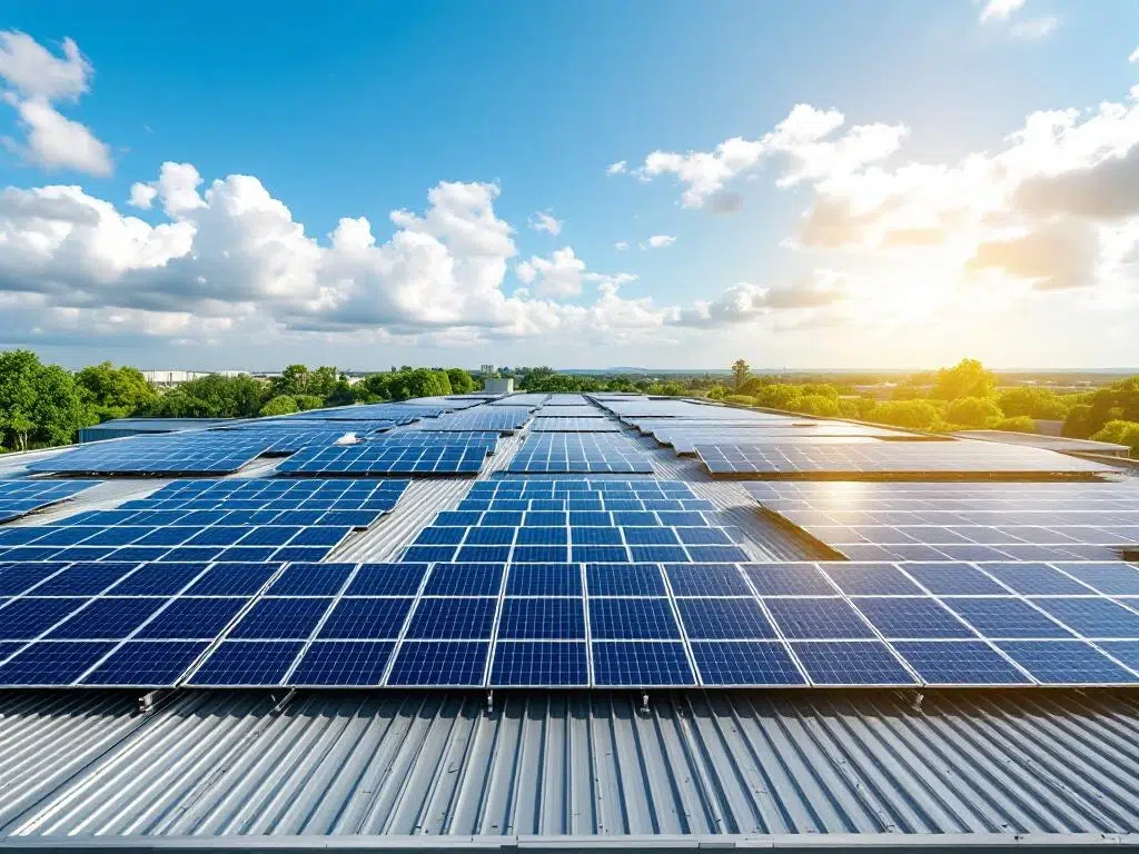 Aerial view of modern commercial building rooftop with geometric rows of solar panels under bright blue sky