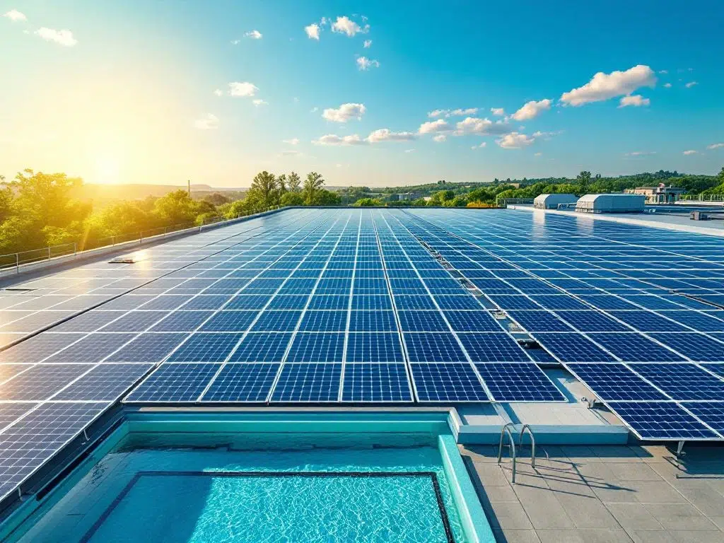 Aerial view of solar panels on commercial building rooftop with swimming pool, showcasing renewable energy technology