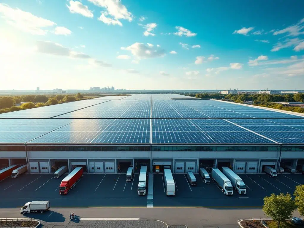 Aerial view of solar panels on commercial transport company roof with delivery trucks parked below in organised rows