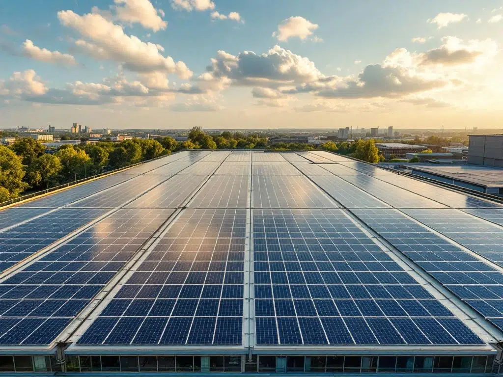 Aerial view of commercial rooftop solar panel installation with geometric rows of blue photovoltaic panels under clear sky