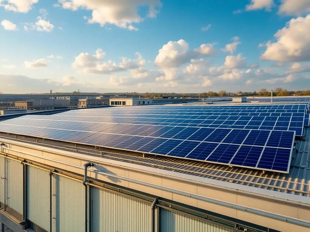 Aerial view of modern commercial solar panel installation on industrial rooftop with geometric rows under bright blue sky