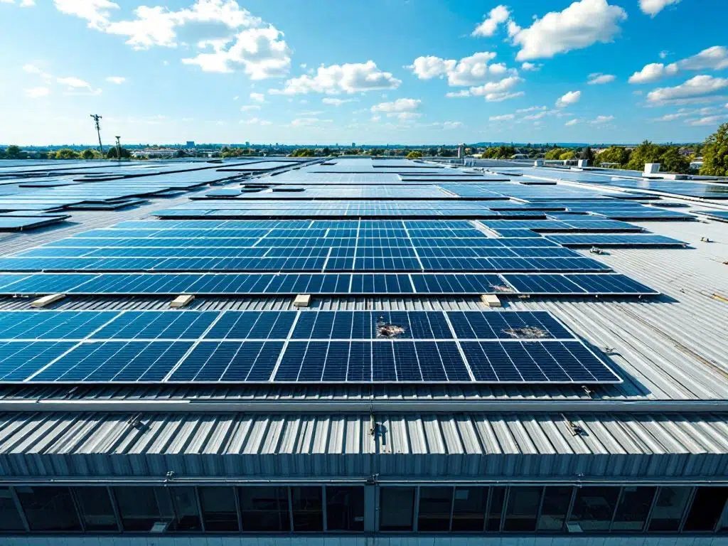 Aerial view of commercial rooftop solar panels with visible damage and missing sections against blue sky