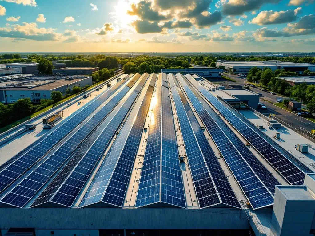 Aerial view of solar panels arranged in geometric rows on commercial industrial rooftop under blue sky