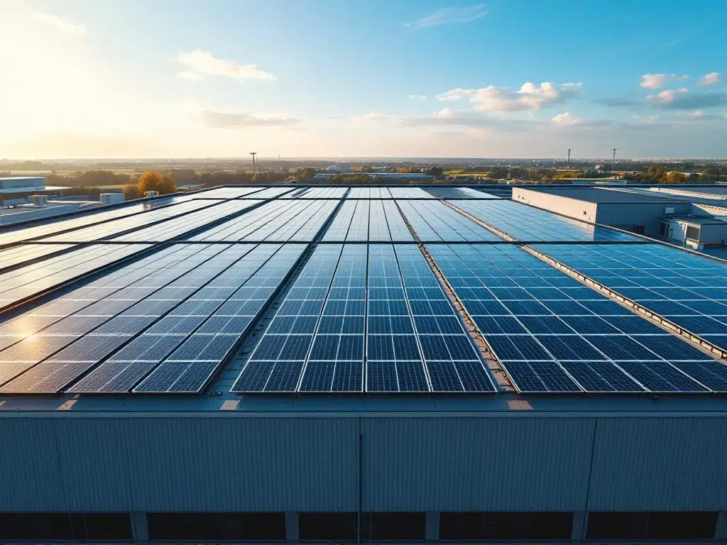 Solar panels arranged in geometric rows on commercial industrial rooftop during golden hour with blue sky and clouds