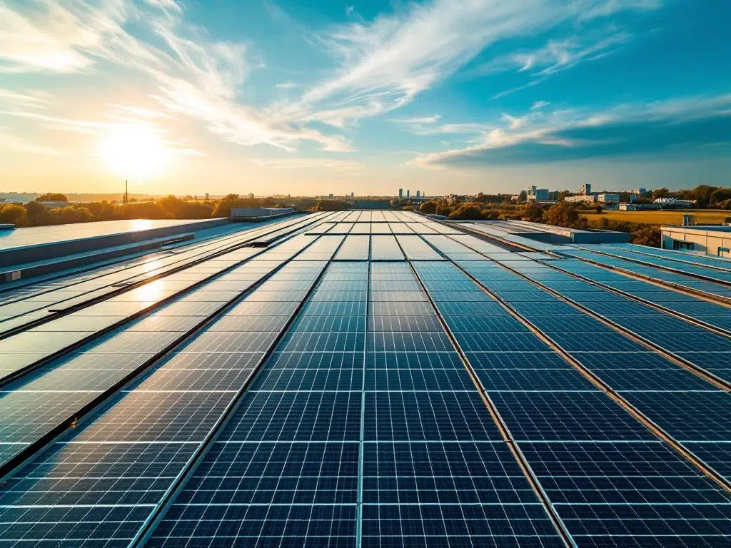 Aerial view of commercial rooftop with blue solar panels arranged in geometric rows during golden hour lighting.