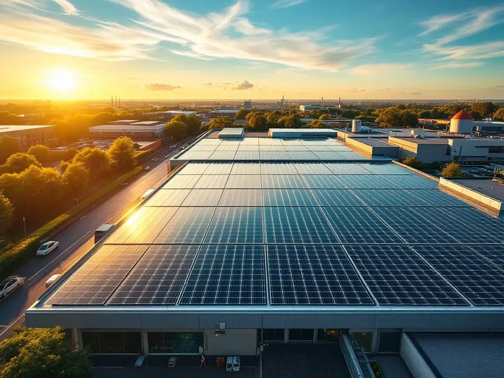 Solar panels arranged in geometric rows on commercial building rooftop, aerial view during golden hour with blue sky