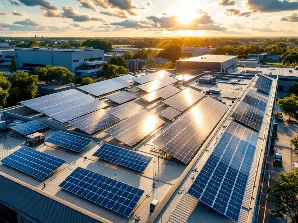 Solar panels arranged in geometric rows on modern commercial building rooftop, aerial view with blue sky background