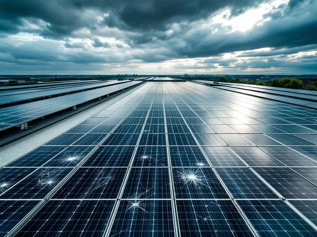 Aerial view of hail-damaged solar panels on commercial rooftop showing cracked photovoltaic cells under stormy European sky